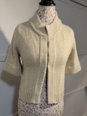 LOFT Cream Short Sleeve Open-Front Sparkle Cardigan Size Small